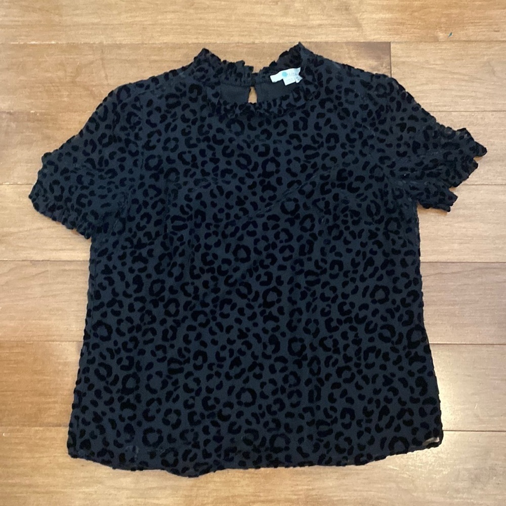 Boden black velvet leopard print top